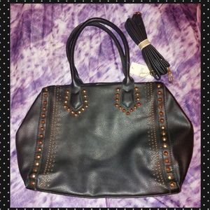 Unbranded Large Size Black w/Goldtone Studs Faux Leather Satchel/Shoulder Bag